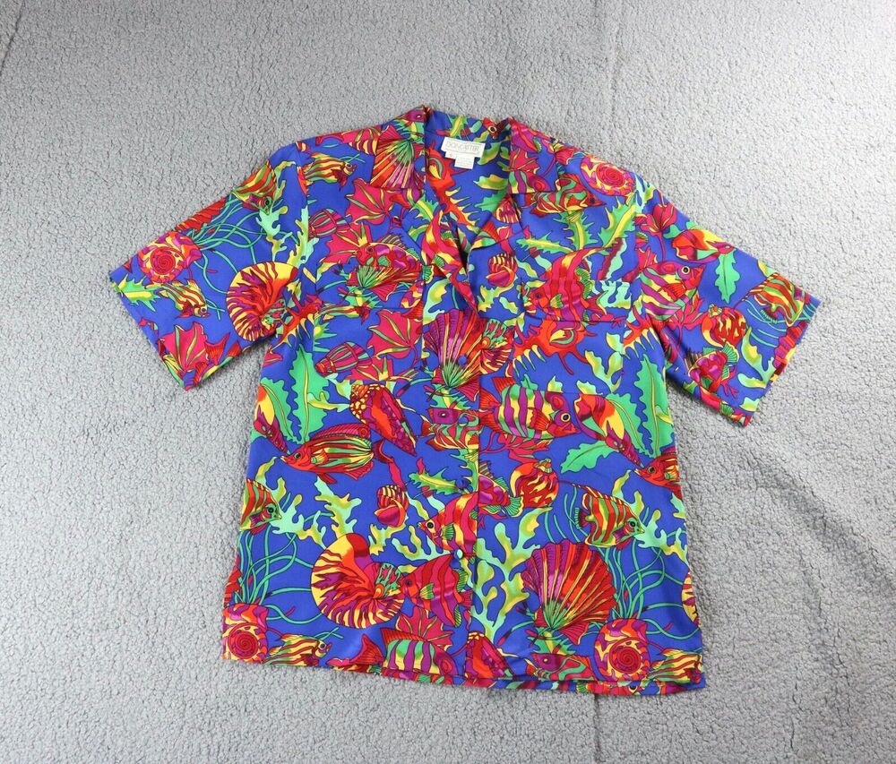 Doncaster Silks Tops Womens 6 Fish Print Multicolor Short Sleeve Blouse Vintage